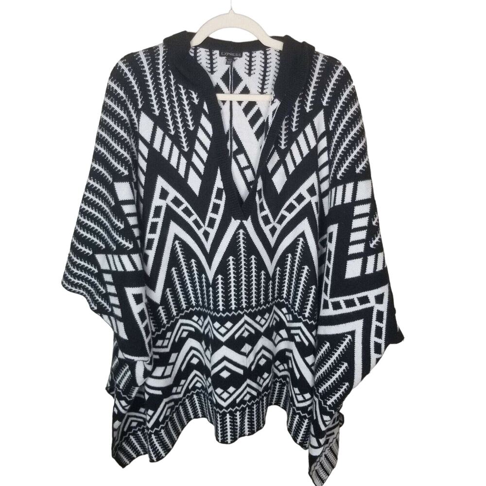 Express Womens Hooded Aztec Poncho Sweater OS Southwestern Tribal Boho Hippie